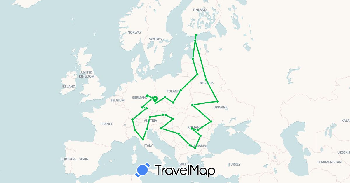 TravelMap itinerary: driving, bus in Austria, Bulgaria, Belarus, Switzerland, Czech Republic, Germany, Estonia, Finland, Croatia, Hungary, Italy, Lithuania, Latvia, Moldova, Poland, Romania, Serbia, Slovakia, Ukraine (Europe)